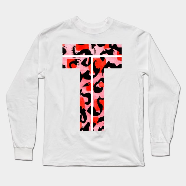 Letter T Watercolour Leopard Print Alphabet Red Long Sleeve T-Shirt by Squeeb Creative